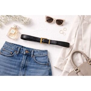 Ralph Lauren Womens Vintage Black Leather Belt Gold RL Logo Buckle Size M